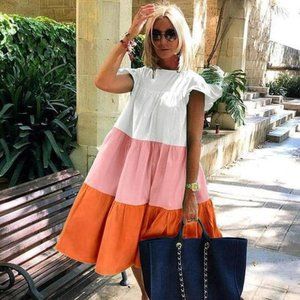 Elegant Patchwork Hit Color Dress Women O Neck Hal